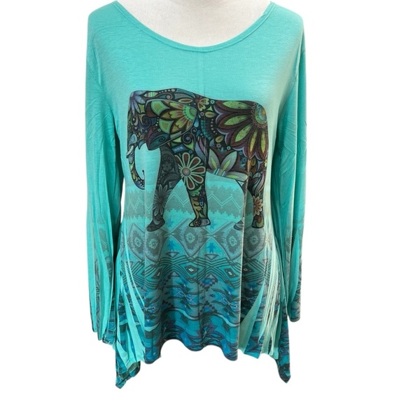 Poliana Plus Green Top XL Elephant Design Long Sleeve Flowy Stretchy - Picture 1 of 10